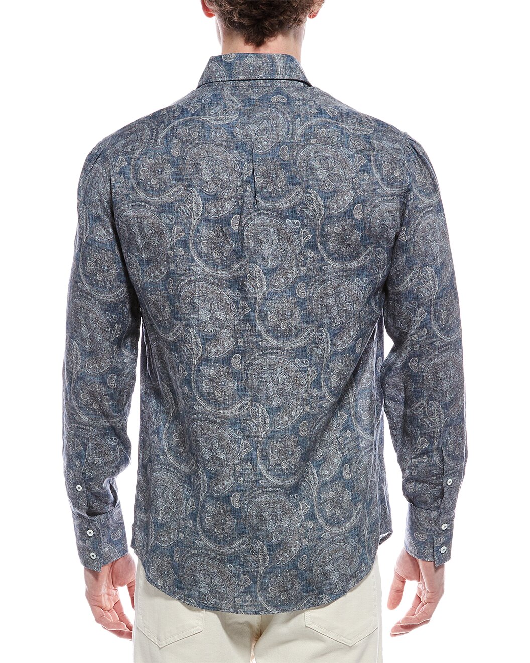 BRUNELLO CUCINELLI MEN'S DENIM PAISLEY LINEN BUTTON-UP SHIRT