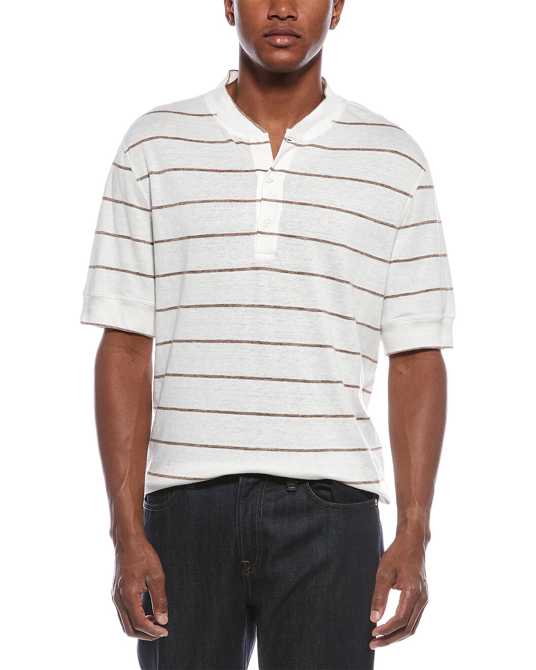 BRUNELLO CUCINELLI MEN'S WHITE LINEN BLEND STRIPED POLO