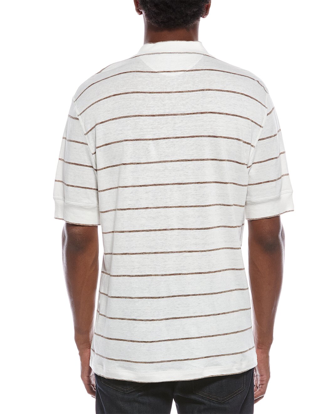 BRUNELLO CUCINELLI MEN'S WHITE LINEN BLEND STRIPED POLO