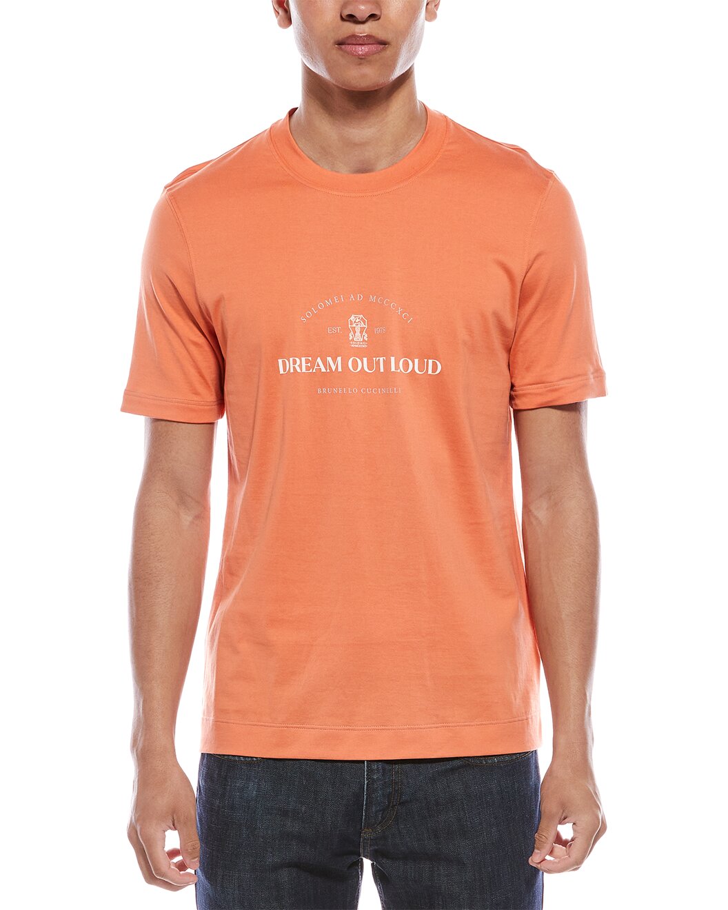 BRUNELLO CUCINELLI MEN'S SALMON CREW NECK LOGO T-SHIRT
