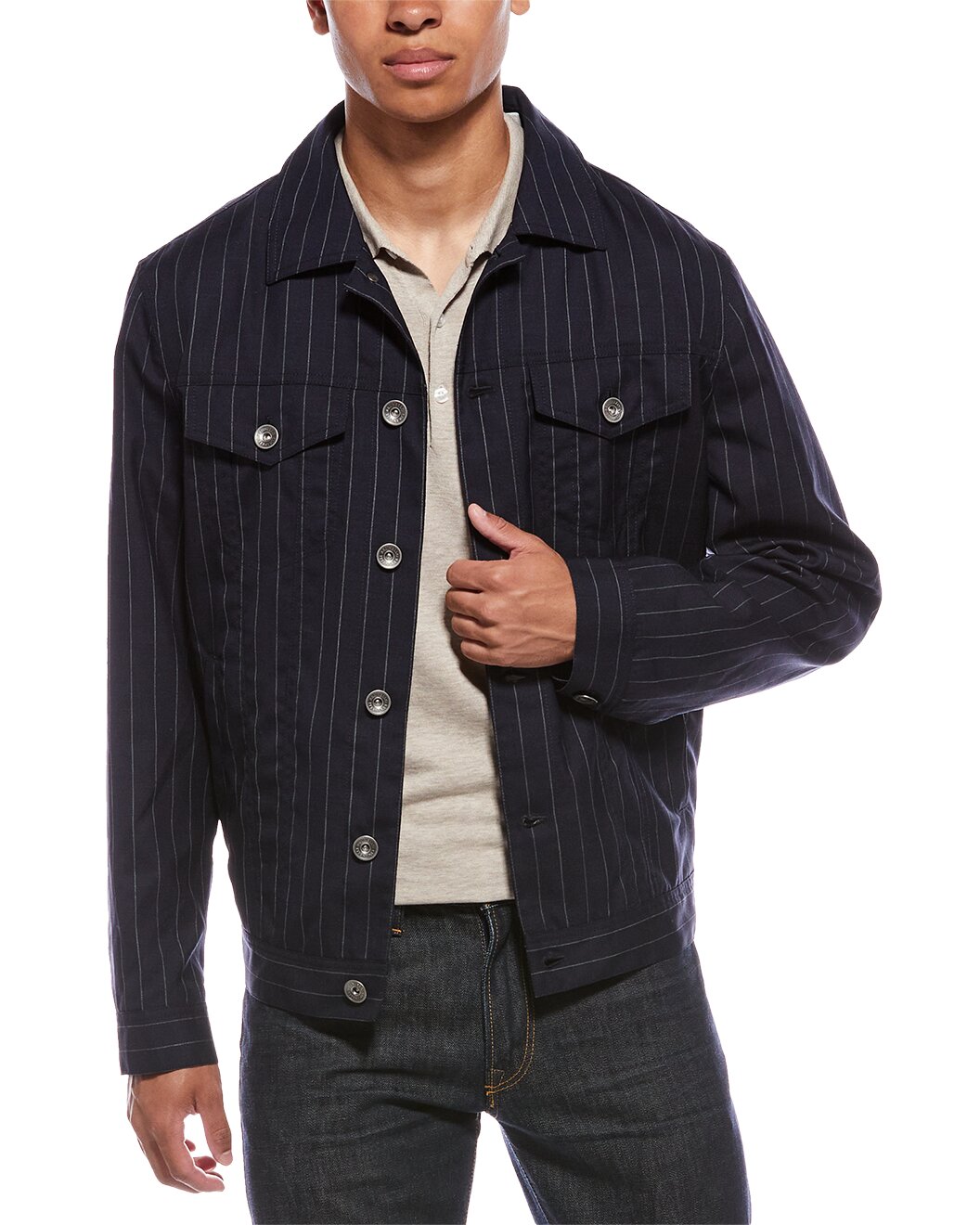 BRUNELLO CUCINELLI MEN'S NAVY WOOL PINSTRIPE JACKET