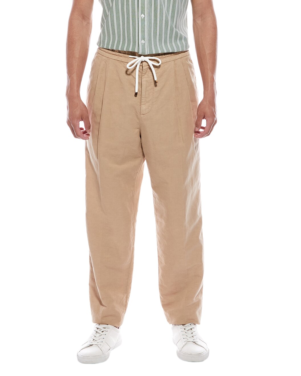 BRUNELLO CUCINELLI MEN'S BEIGE LINEN BLEND DRAWSTRING TROUSERS