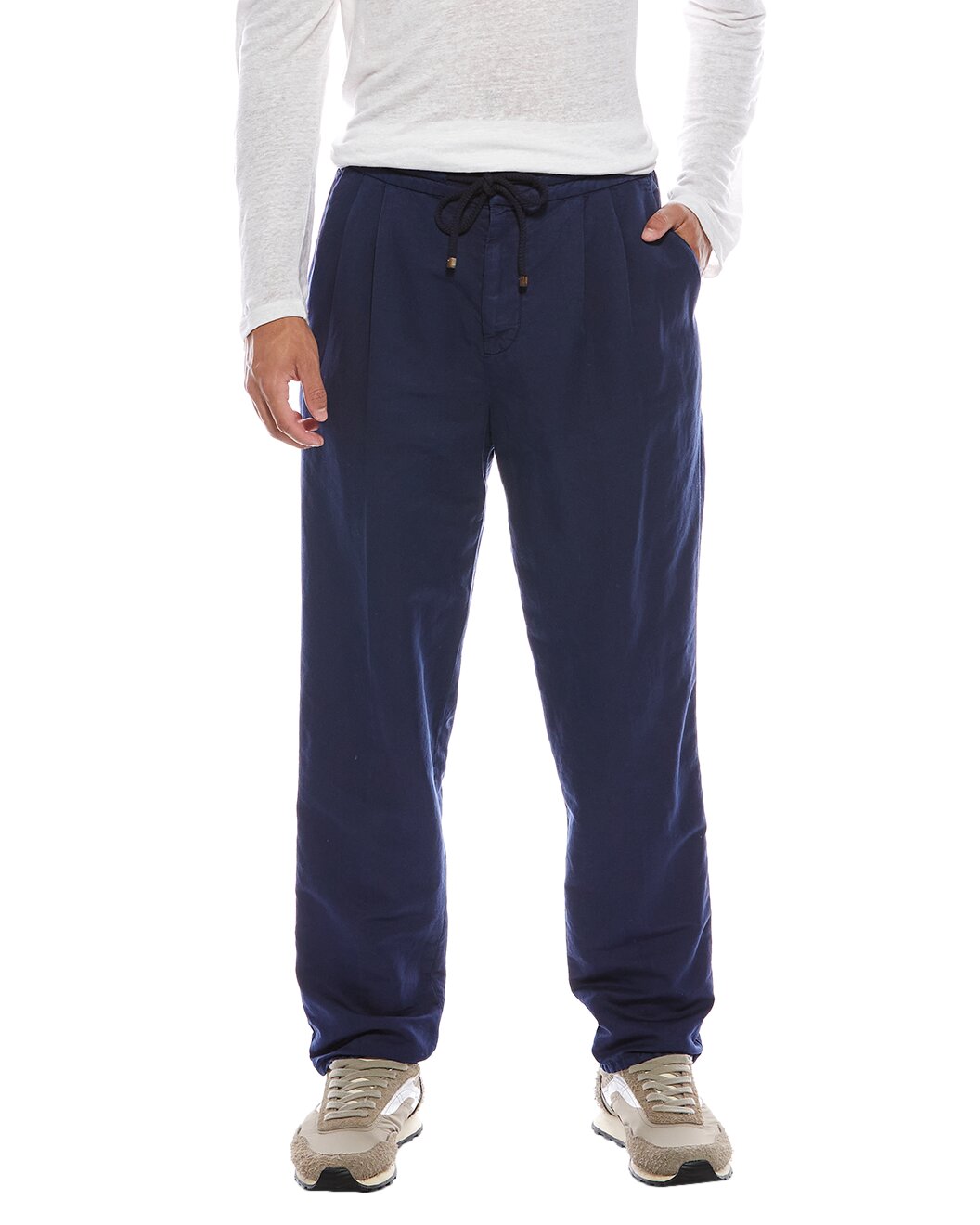 BRUNELLO CUCINELLI MEN'S PRUSSIA BLUE LINEN BLEND TROUSERS