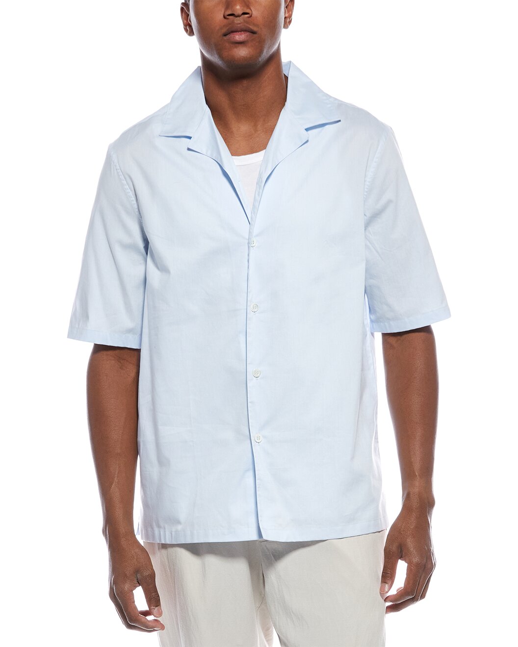BRUNELLO CUCINELLI MEN'S SKY BLUE COTTON CAMP COLLAR SHIRT