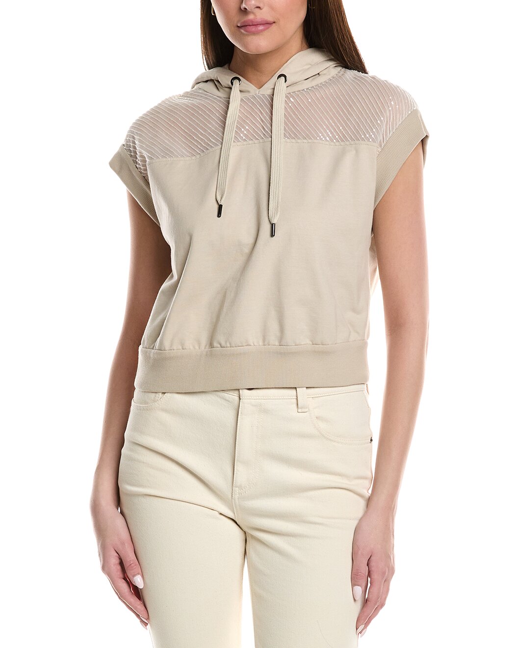BRUNELLO CUCINELLI WOMEN'S SOFT STONE HOODED TOP WITH MESH