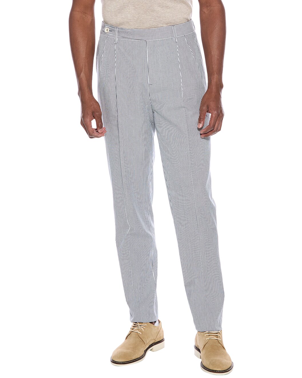 BRUNELLO CUCINELLI MEN'S BLUE WHITE STRIPED COTTON TROUSERS