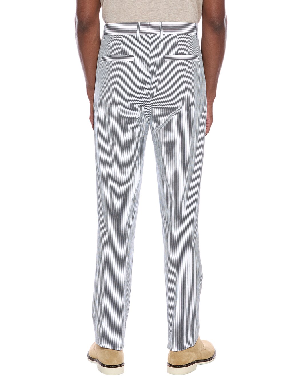 BRUNELLO CUCINELLI MEN'S BLUE WHITE STRIPED COTTON TROUSERS