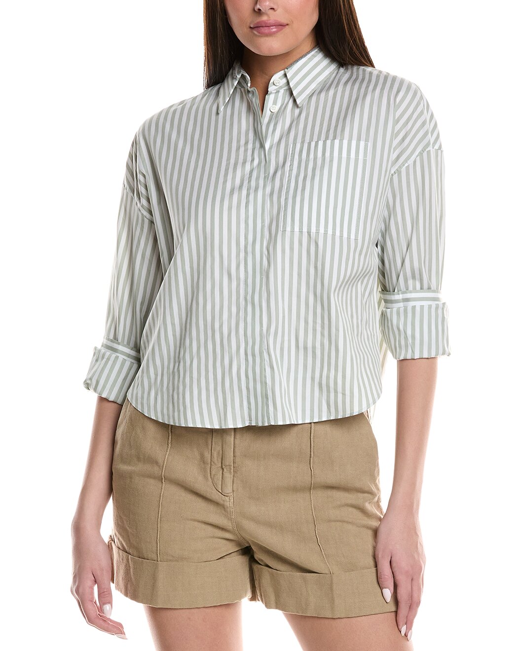 BRUNELLO CUCINELLI WOMEN'S LIGHT GREEN STRIPED SHIRT