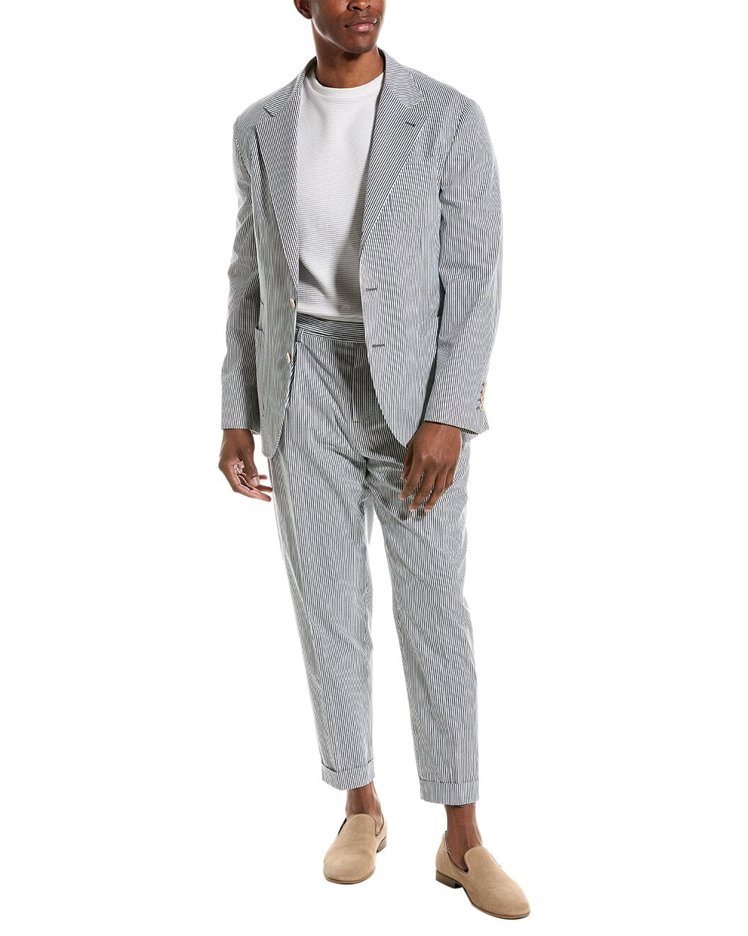 BRUNELLO CUCINELLI MEN'S BLUE WHITE STRIPED LEISURE SUIT