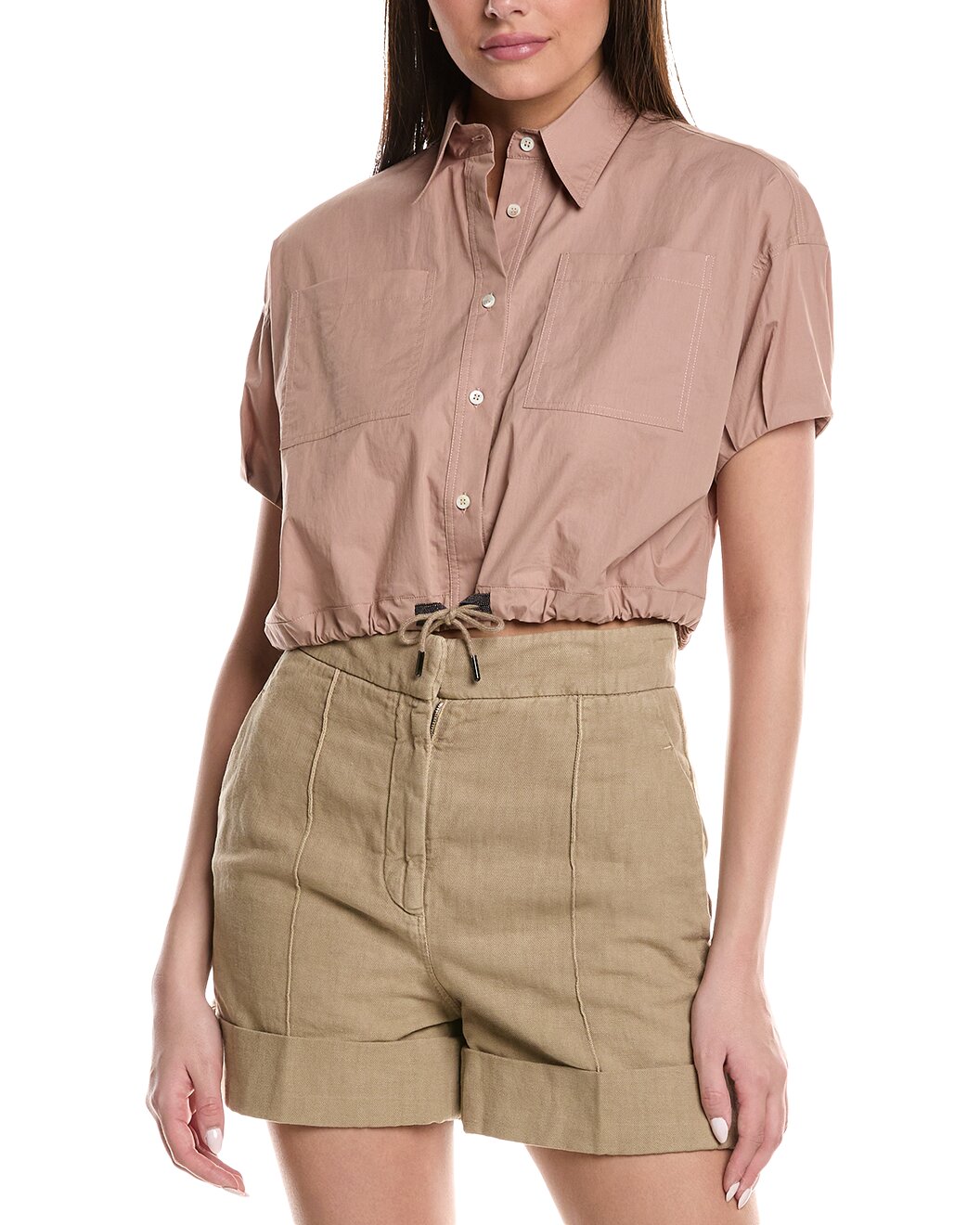 BRUNELLO CUCINELLI WOMEN'S ROSE CROPPED DRAWSTRING SHIRT