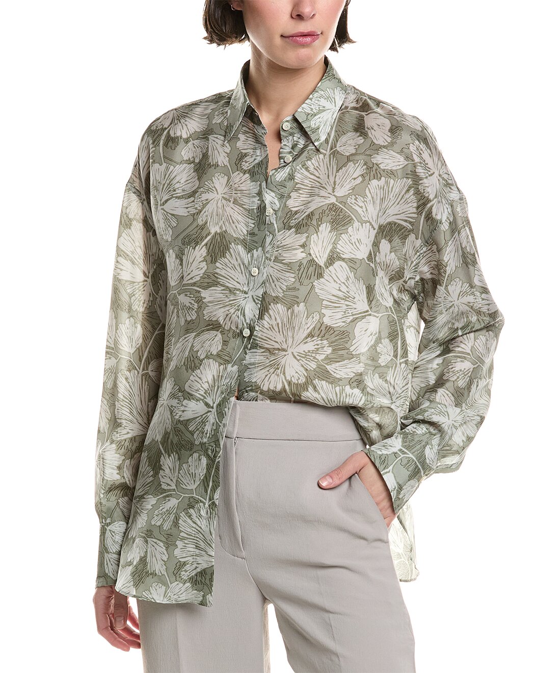 BRUNELLO CUCINELLI WOMEN'S GREEN SILK FLORAL BLOUSE