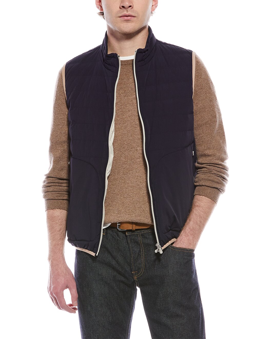 BRUNELLO CUCINELLI MEN'S NAVY SLEEVELESS DOWN JACKET