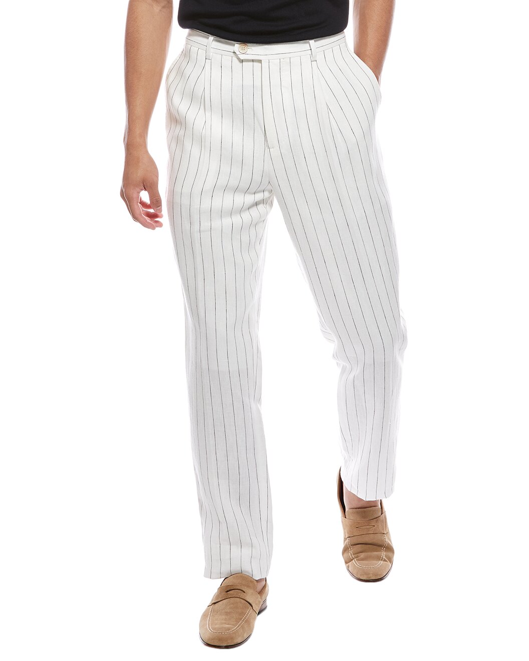 BRUNELLO CUCINELLI MEN'S WHITE LINEN STRIPED TROUSERS