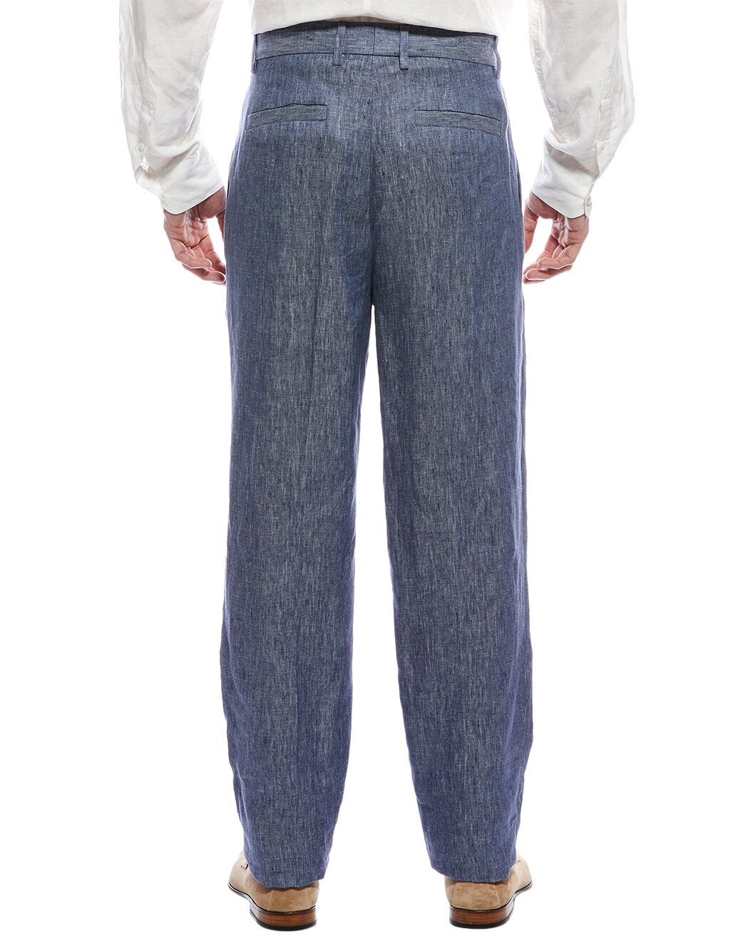 BRUNELLO CUCINELLI MEN'S BLUE LINEN PLEATED TROUSERS
