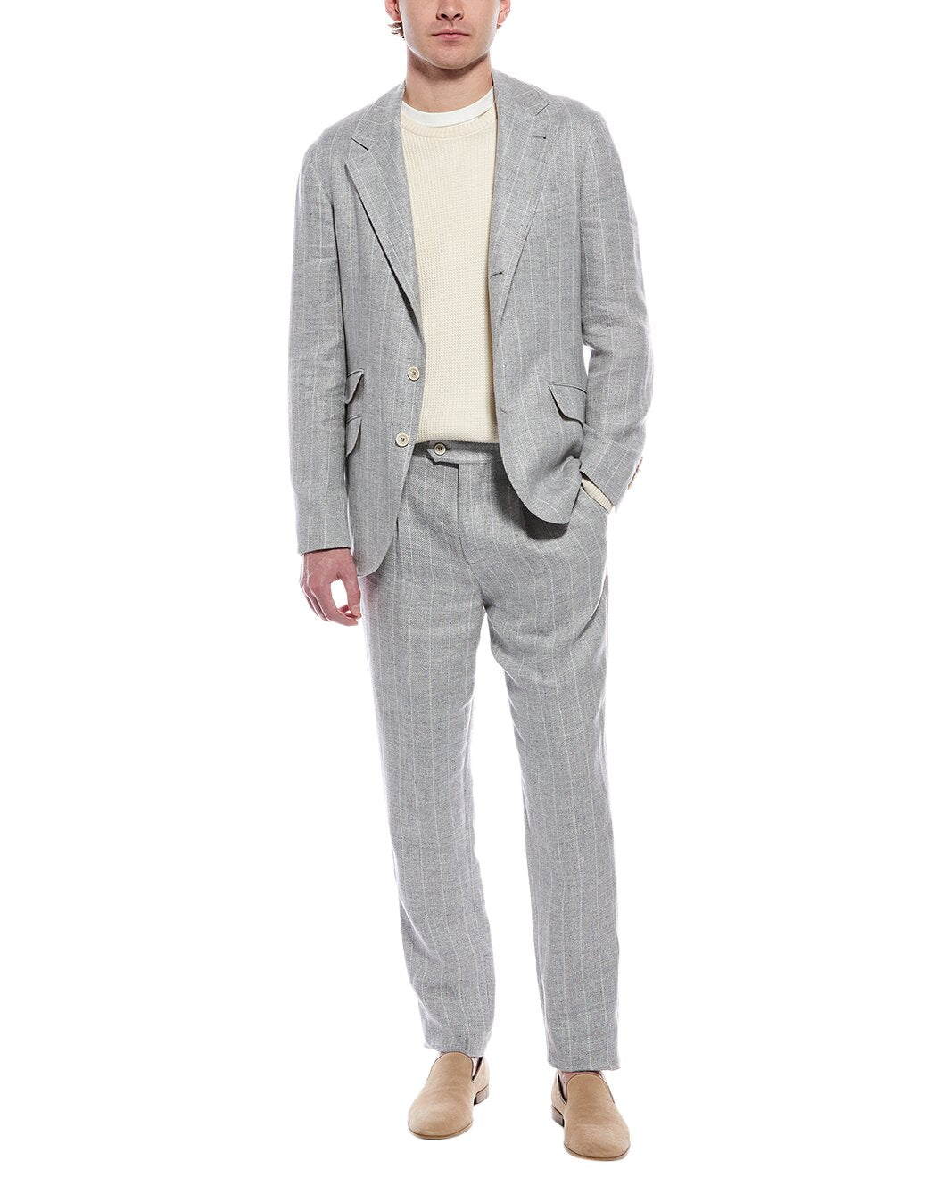 BRUNELLO CUCINELLI MEN'S LIGHT GRAY LINEN WOOL SUIT