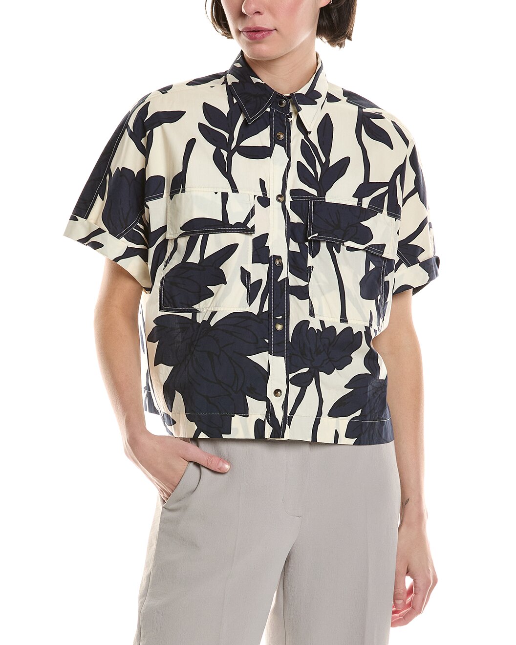BRUNELLO CUCINELLI WOMEN'S PANAMA BLUE FLORAL SHORT-SLEEVE SHIRT