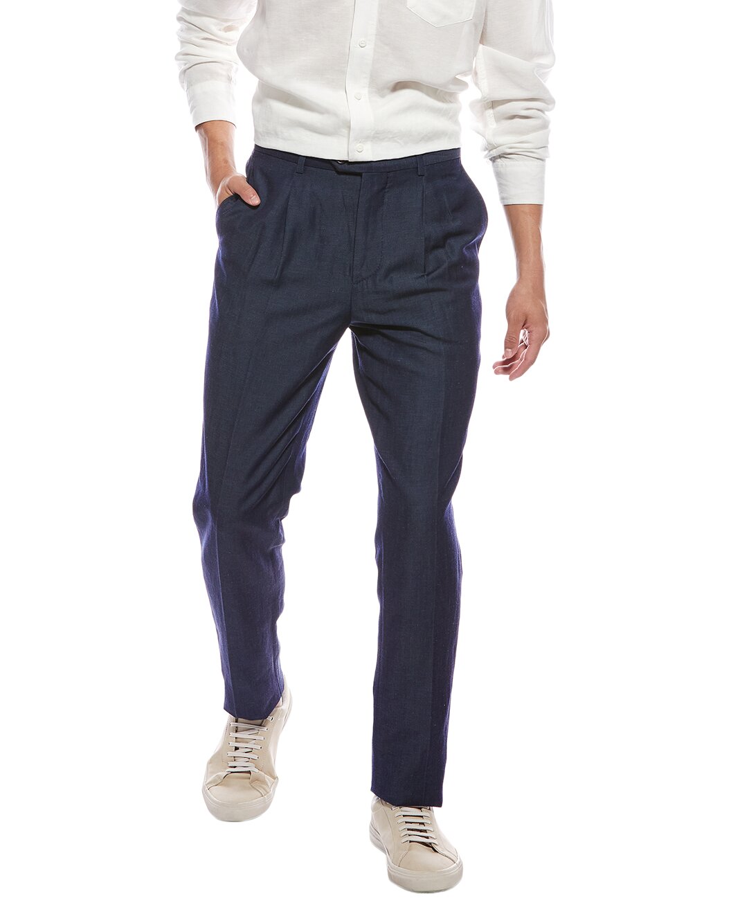 BRUNELLO CUCINELLI MEN'S NAVY WOOL LINEN TAILORED TROUSERS