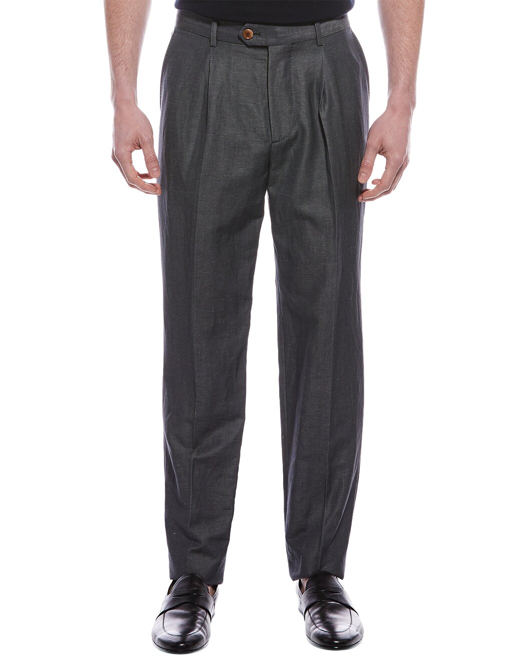 BRUNELLO CUCINELLI MEN'S GREY WOOL LINEN TROUSERS
