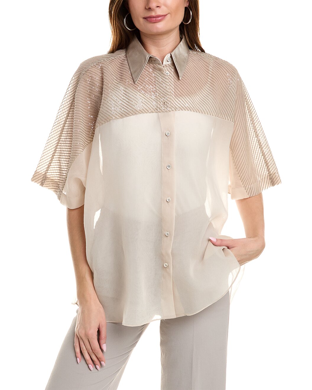 BRUNELLO CUCINELLI WOMEN'S TALC SILK SHEER PANEL SHIRT