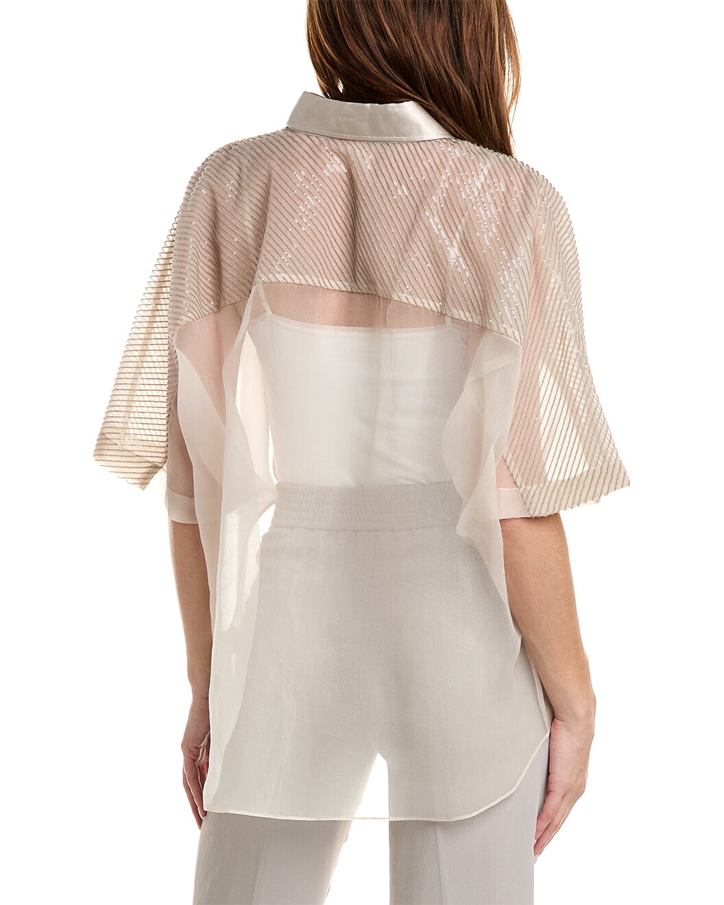 BRUNELLO CUCINELLI WOMEN'S TALC SILK SHEER PANEL SHIRT