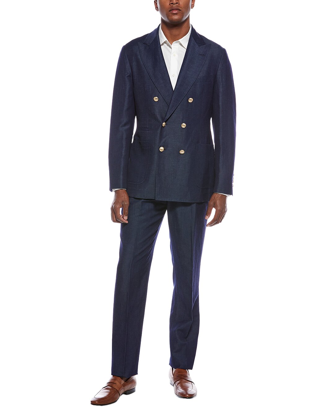 BRUNELLO CUCINELLI MEN'S NAVY WOOL LINEN DOUBLE BREASTED BLAZER