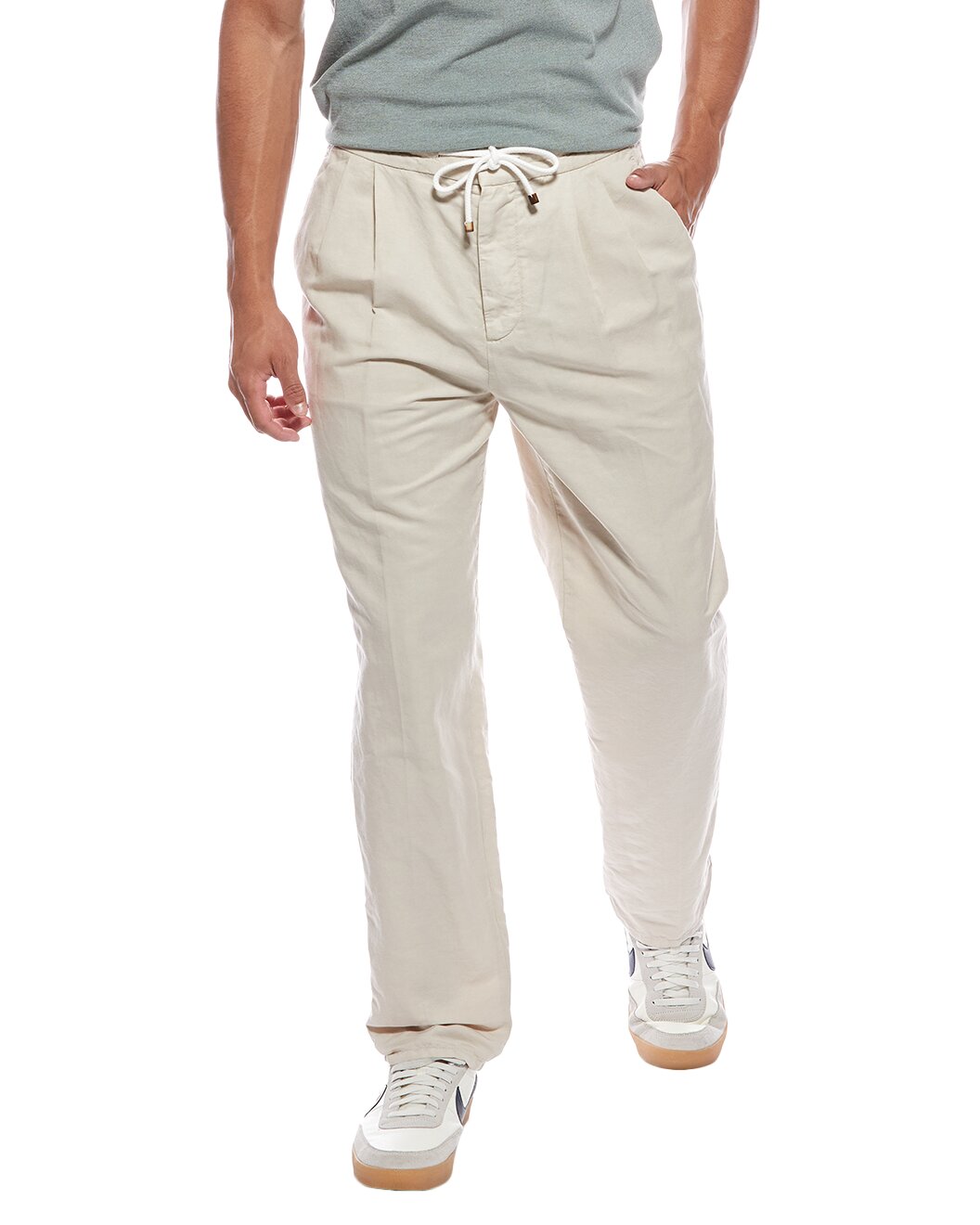BRUNELLO CUCINELLI MEN'S LIGHT BEIGE LINEN COTTON TROUSERS