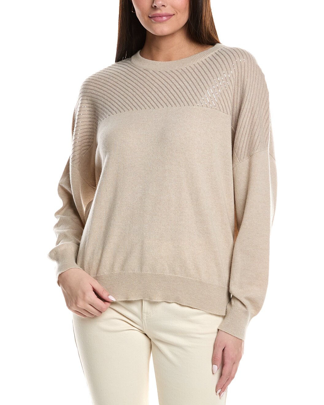 BRUNELLO CUCINELLI WOMEN'S BEIGE RIBBED KNIT SWEATER