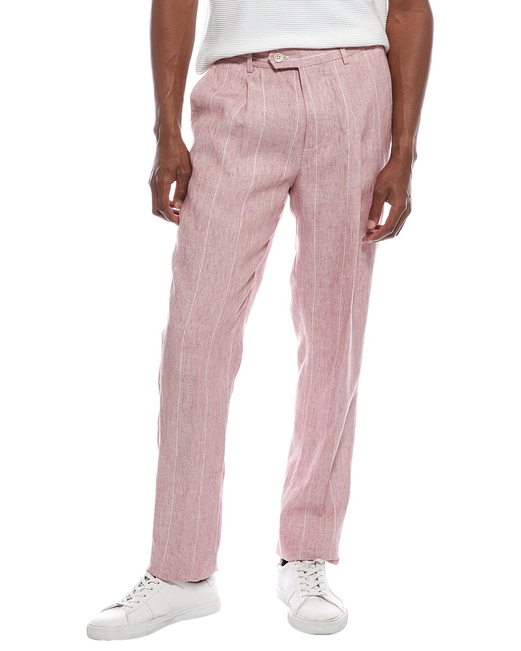 BRUNELLO CUCINELLI MEN'S ROSE LINEN STRIPED TROUSERS