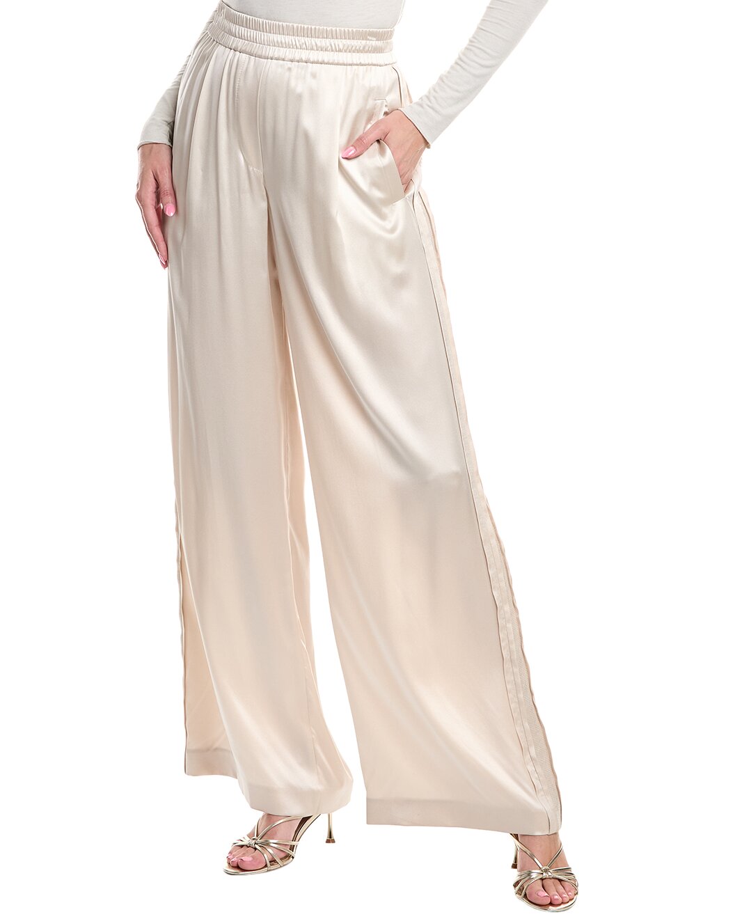 BRUNELLO CUCINELLI WOMEN'S IVORY WIDE-LEG SATIN TROUSERS