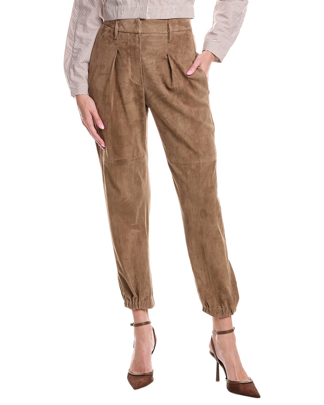 BRUNELLO CUCINELLI WOMEN'S BROWN LEATHER TAPERED TROUSERS