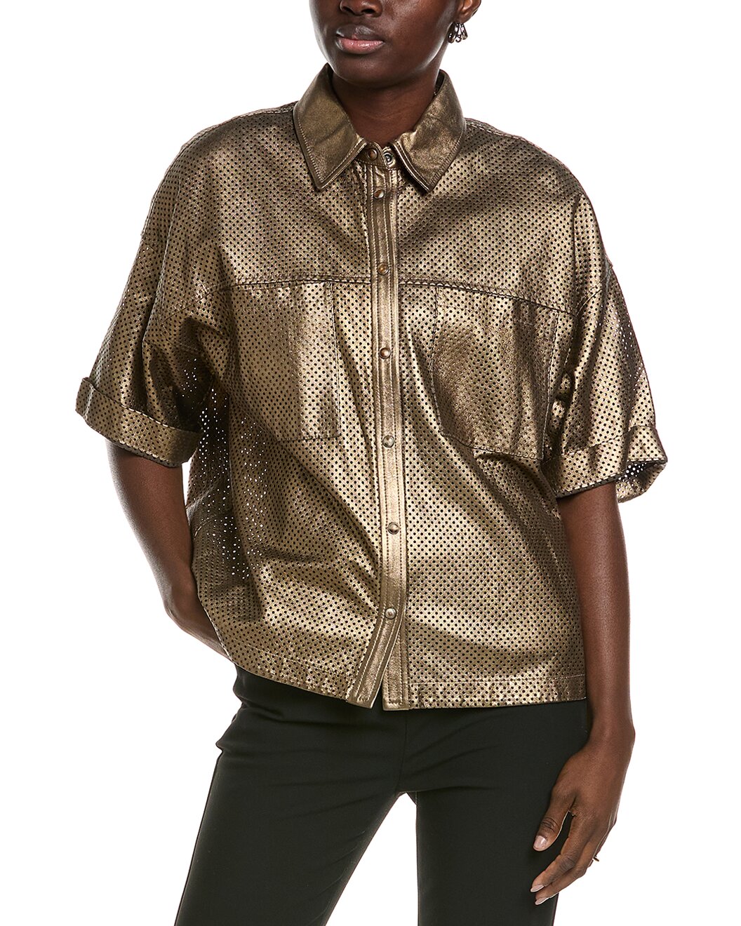 BRUNELLO CUCINELLI WOMEN'S BRASS PERFORATED LEATHER SHIRT