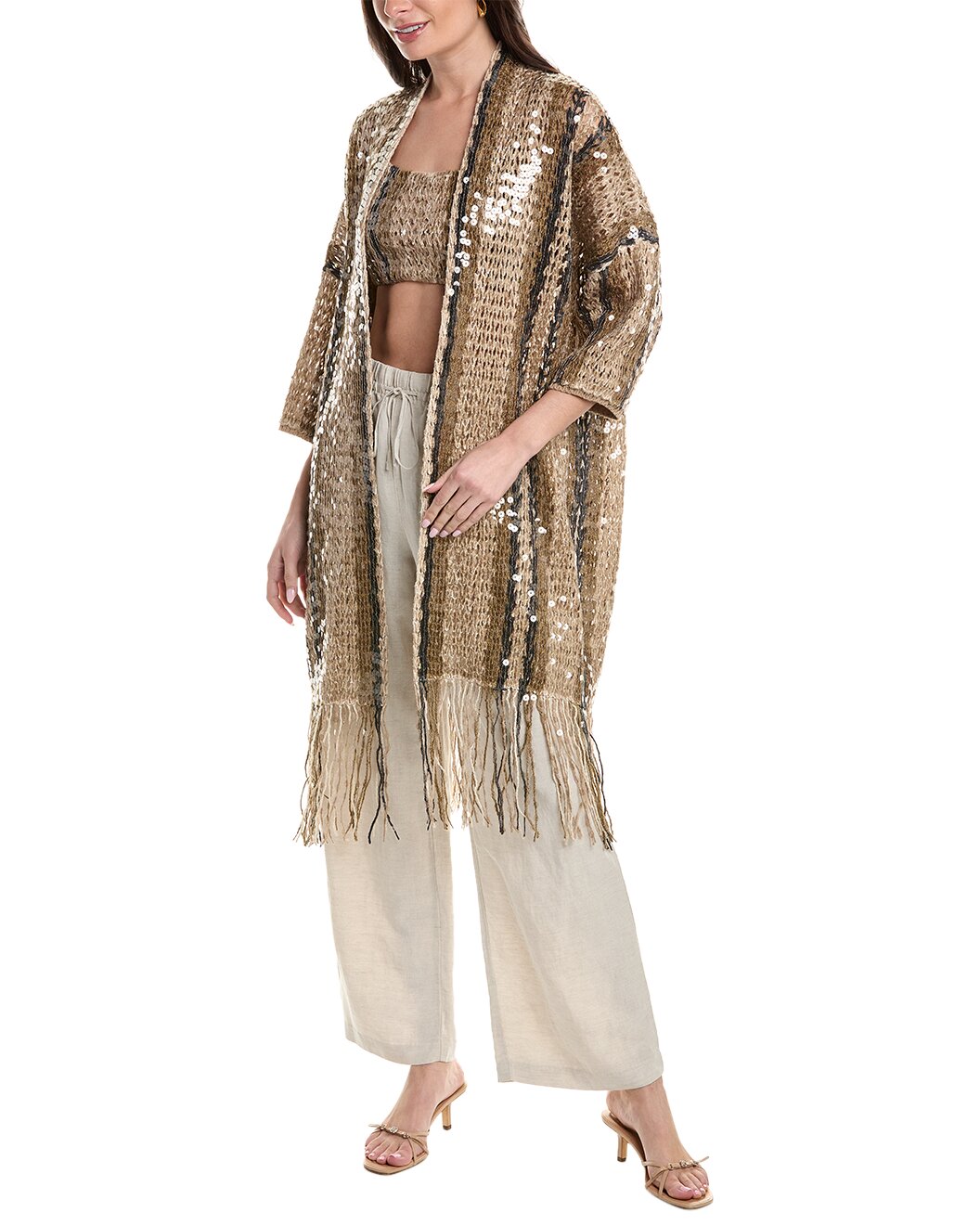 BRUNELLO CUCINELLI WOMEN'S GOLD SEQUIN LONG KNIT CARDIGAN