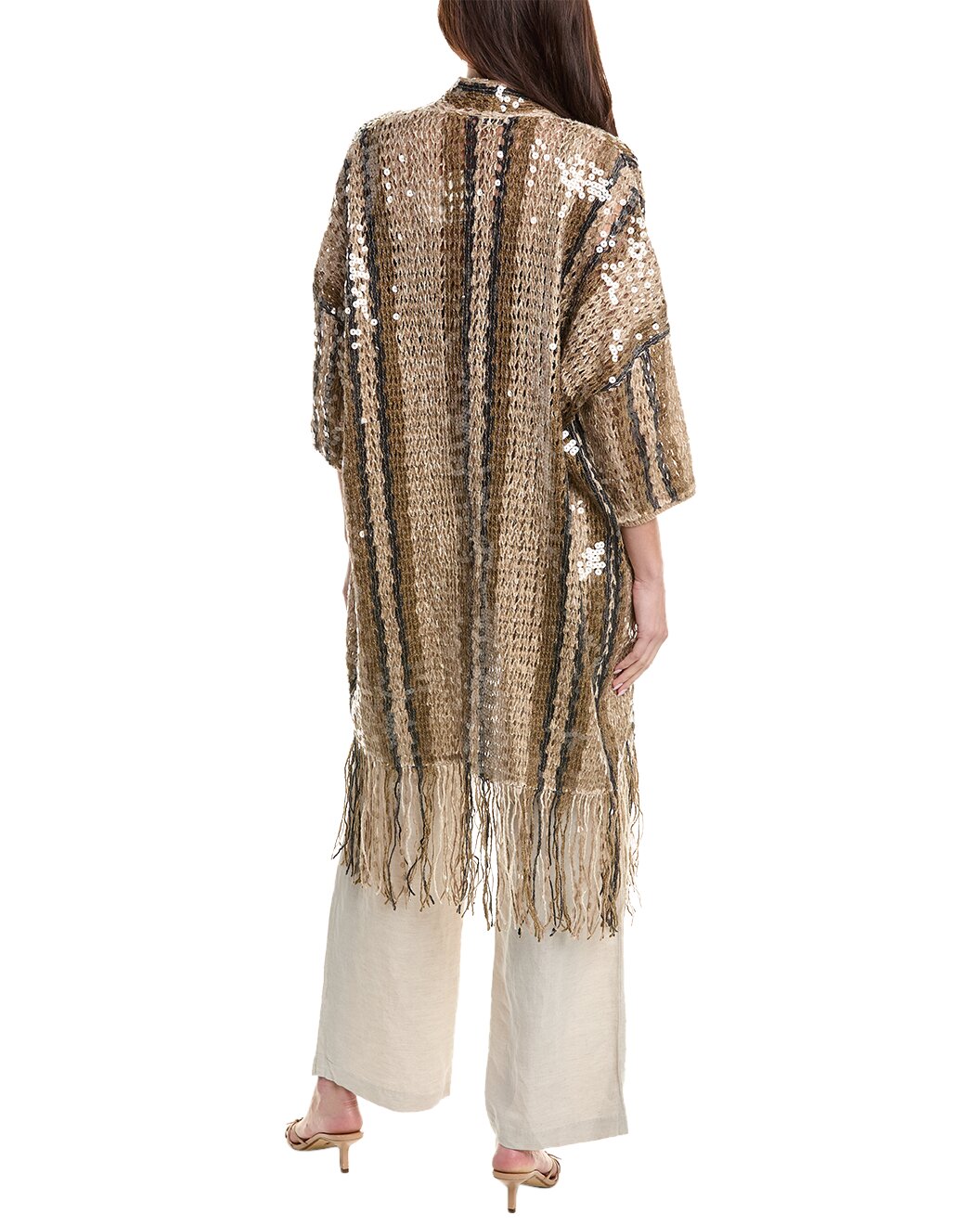 BRUNELLO CUCINELLI WOMEN'S GOLD SEQUIN LONG KNIT CARDIGAN