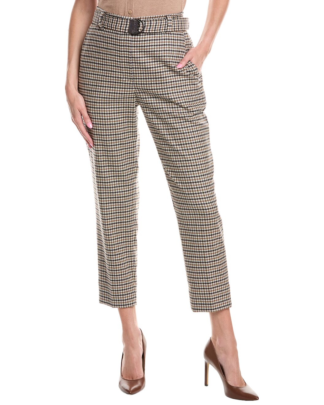 BRUNELLO CUCINELLI WOMEN'S BEIGE PLAID CROPPED TROUSERS