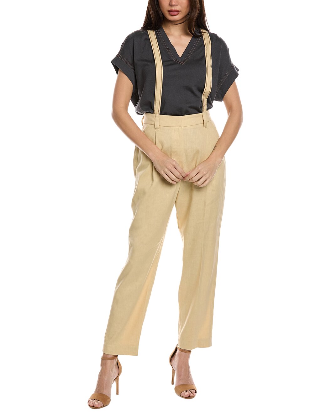 BRUNELLO CUCINELLI WOMEN'S BEIGE TAILORED TROUSERS WITH SUSPENDERS