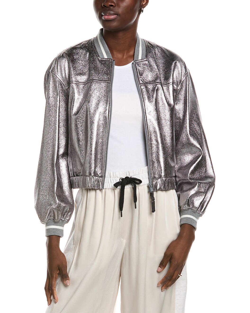 BRUNELLO CUCINELLI WOMEN'S METALLIC BOMBER JACKET WITH RIBBED TRIM