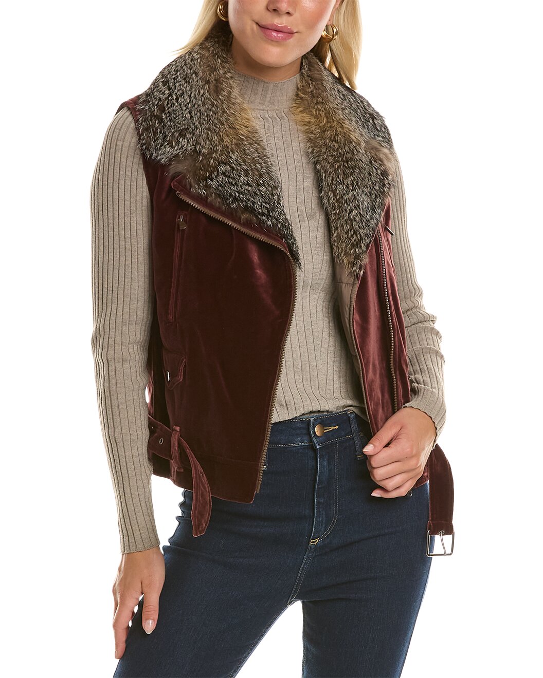 BRUNELLO CUCINELLI WOMEN'S BIKER STYLE FUR TRIM VELVET VEST