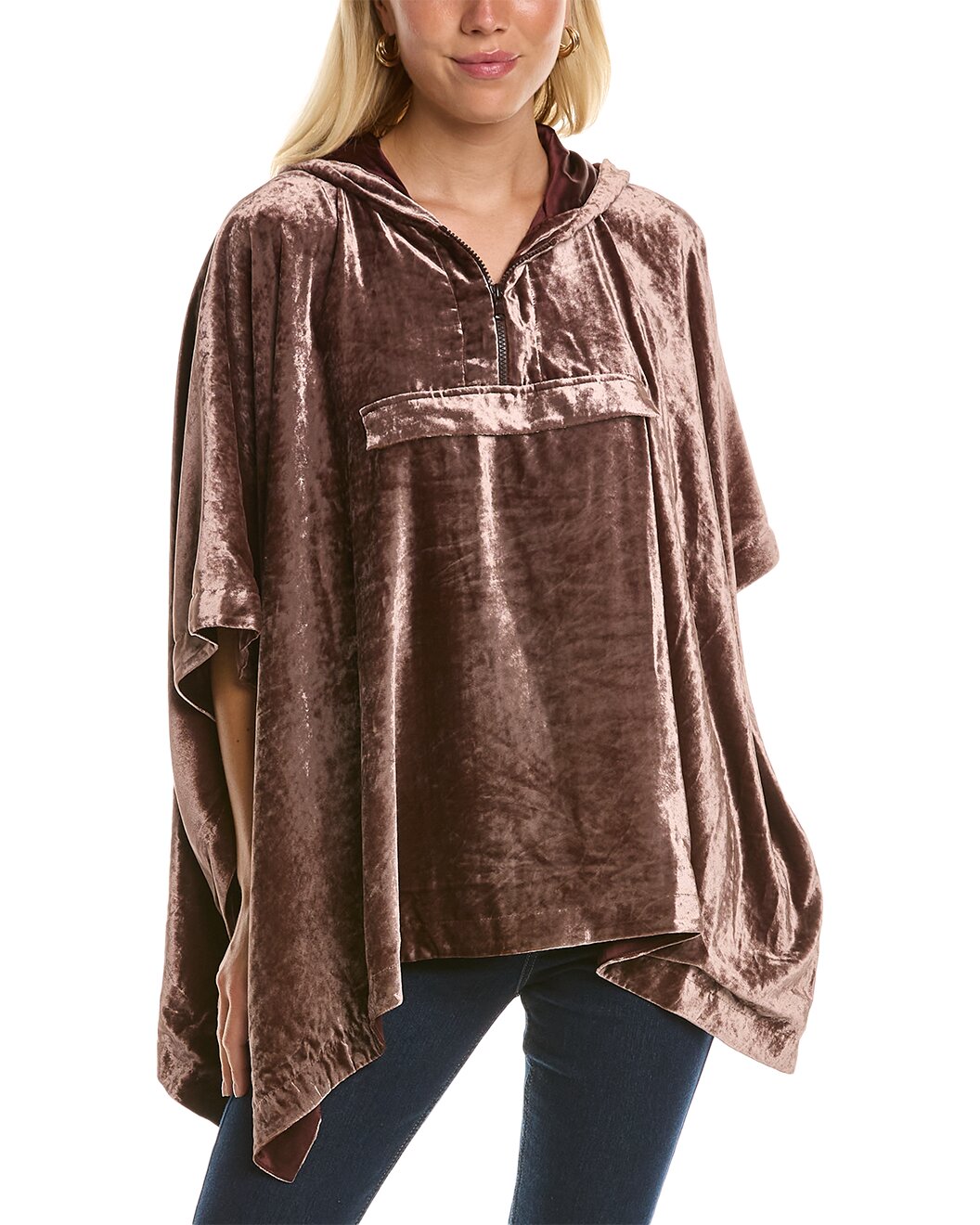 BRUNELLO CUCINELLI WOMEN'S BROWN VELVET HOODED PONCHO TOP