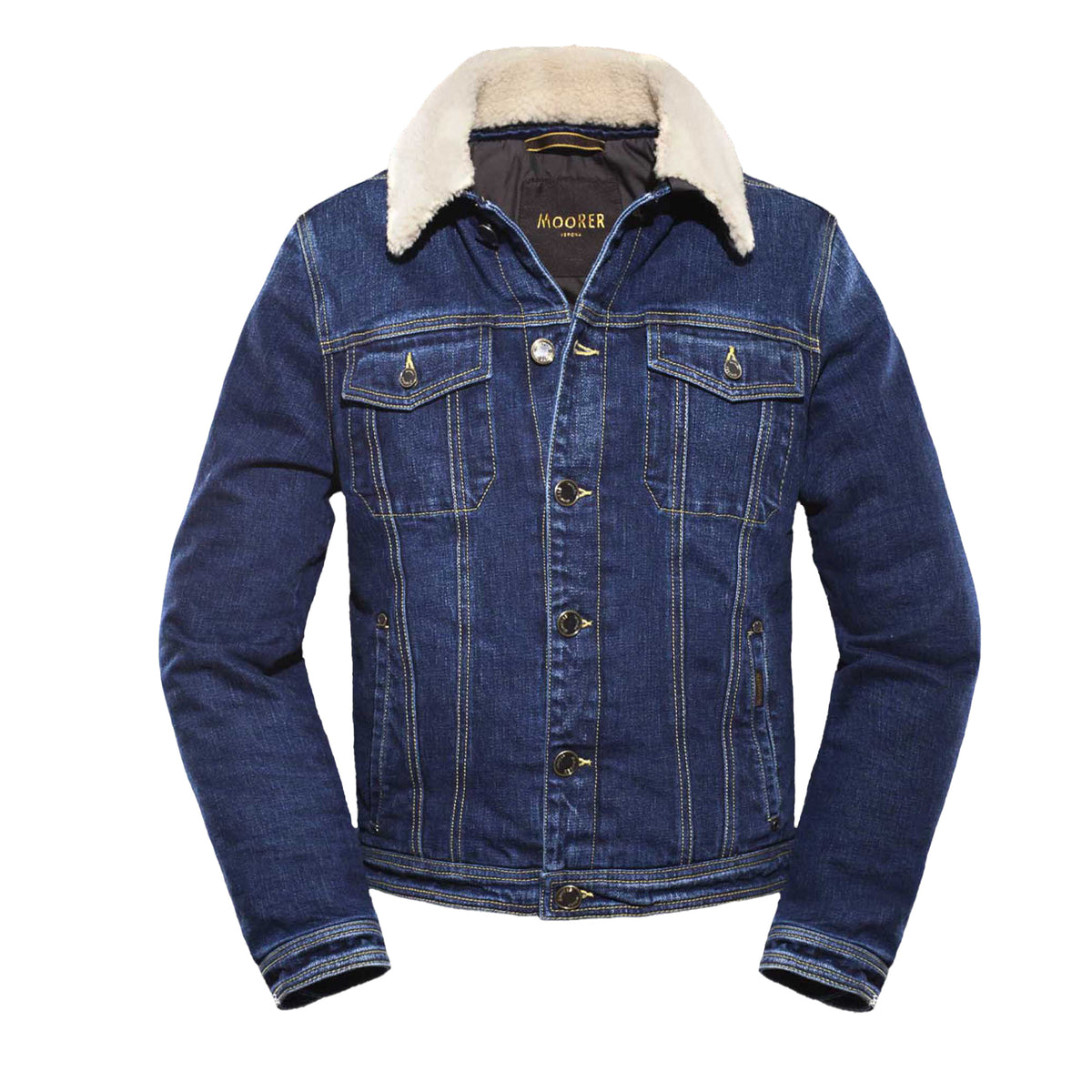 MOORER MEN'S BLUE DENIM JACKET WITH SHEARLING COLLAR