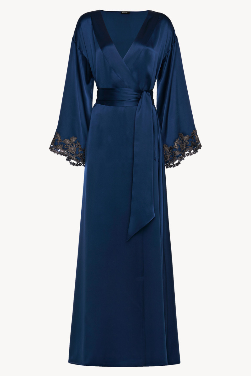 La Perla Blue long silk robe with frastaglio