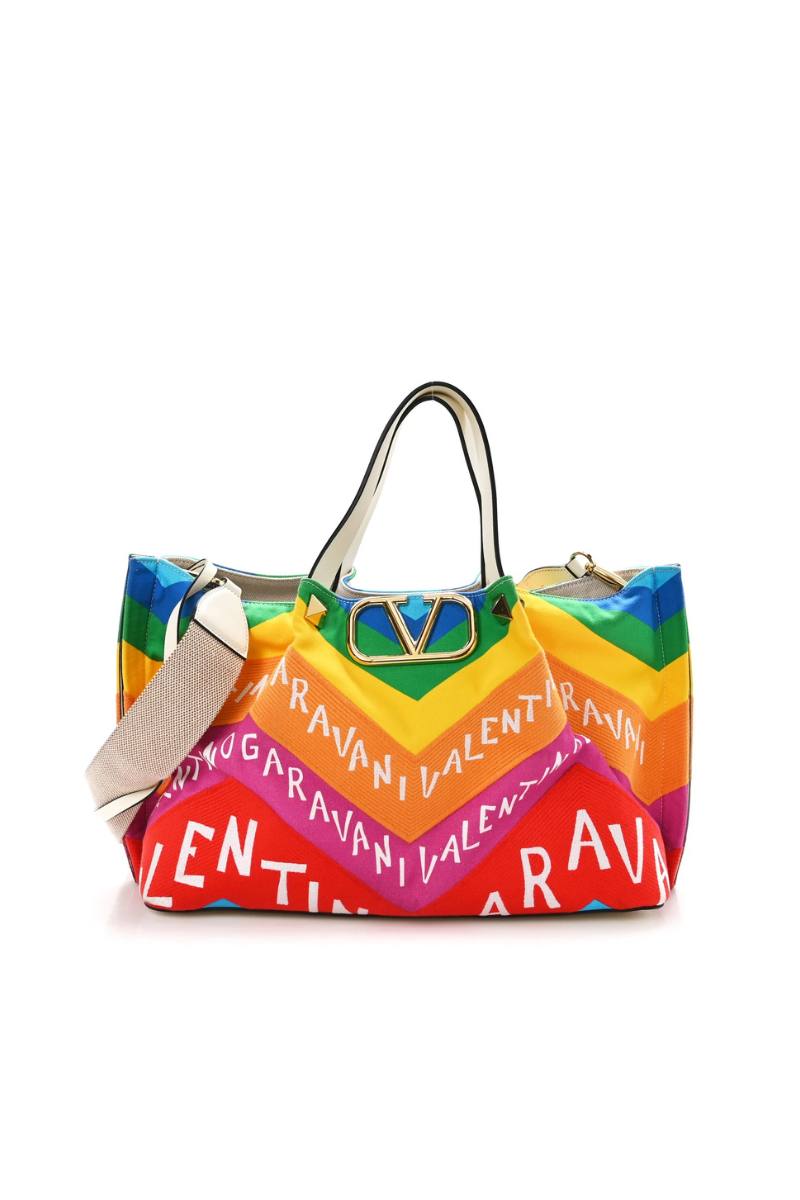 Valentino Garavani Canvas Chevron24 Embroidered Vlogo Medium Escape Shopping Bag Multicolor