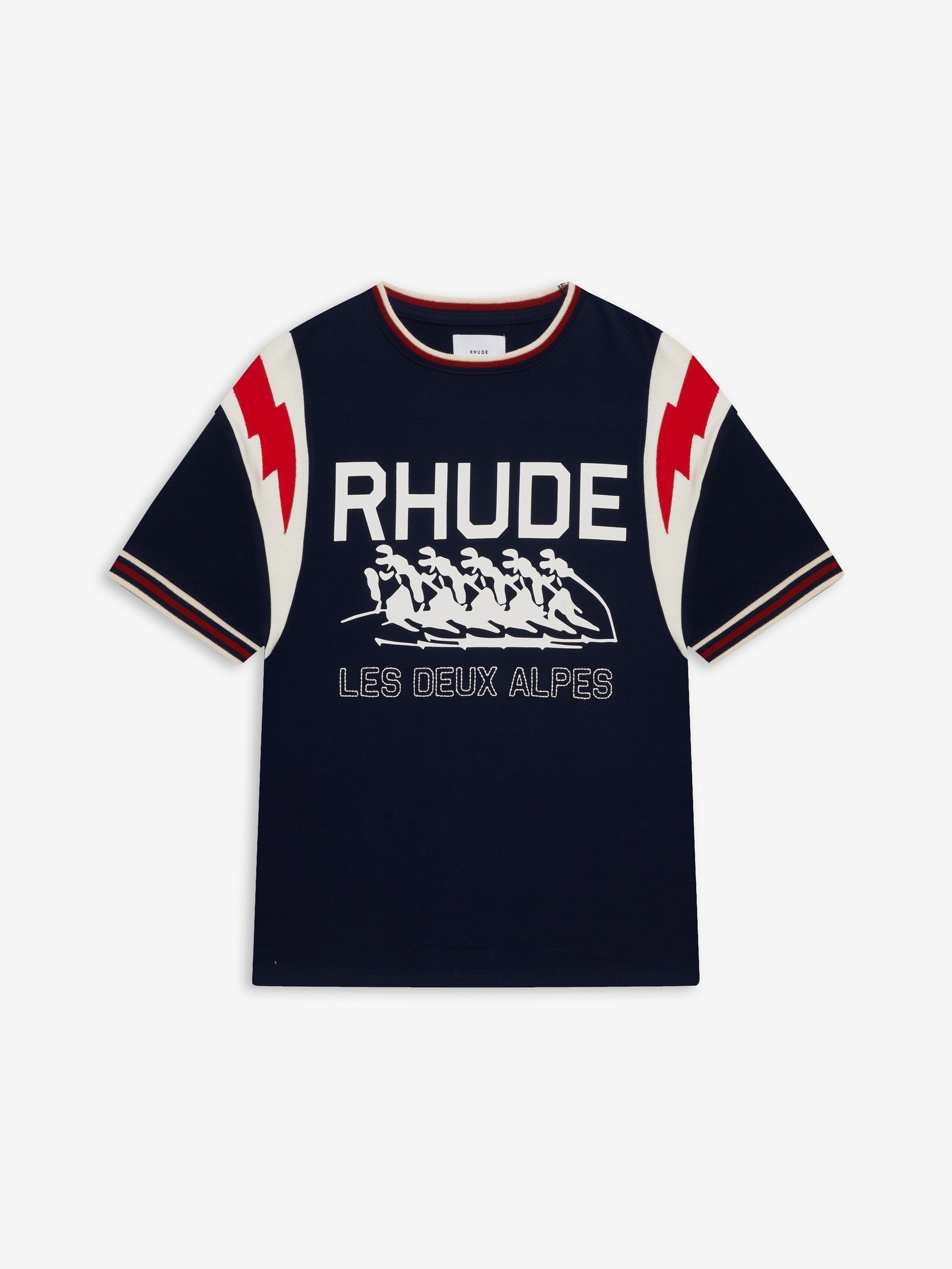 RHUDE MEN'S NAVY GRAPHIC RINGER TEE