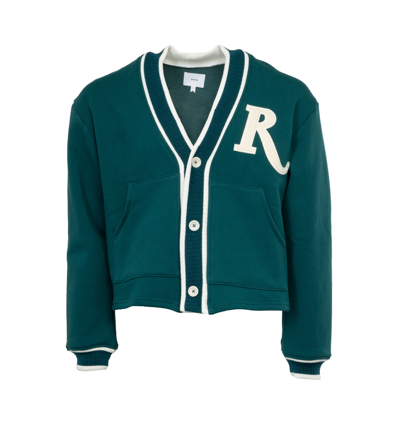 RHUDE MEN'S TEAL CREAM TERRY CARDIGAN SWEATER