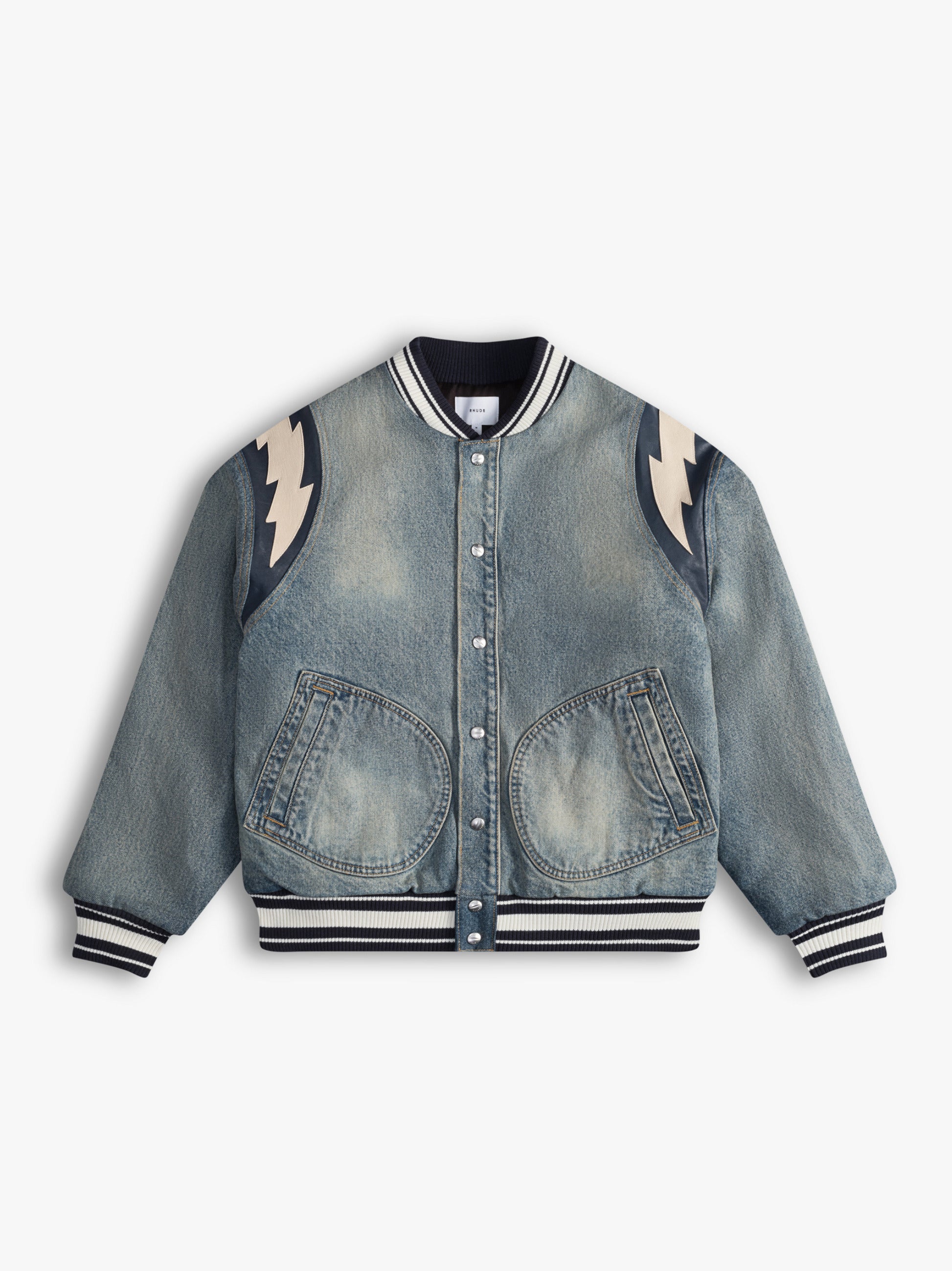 RHUDE MEN'S DENIM LIGHTING VARSITY JA DARK INDIGO NWT