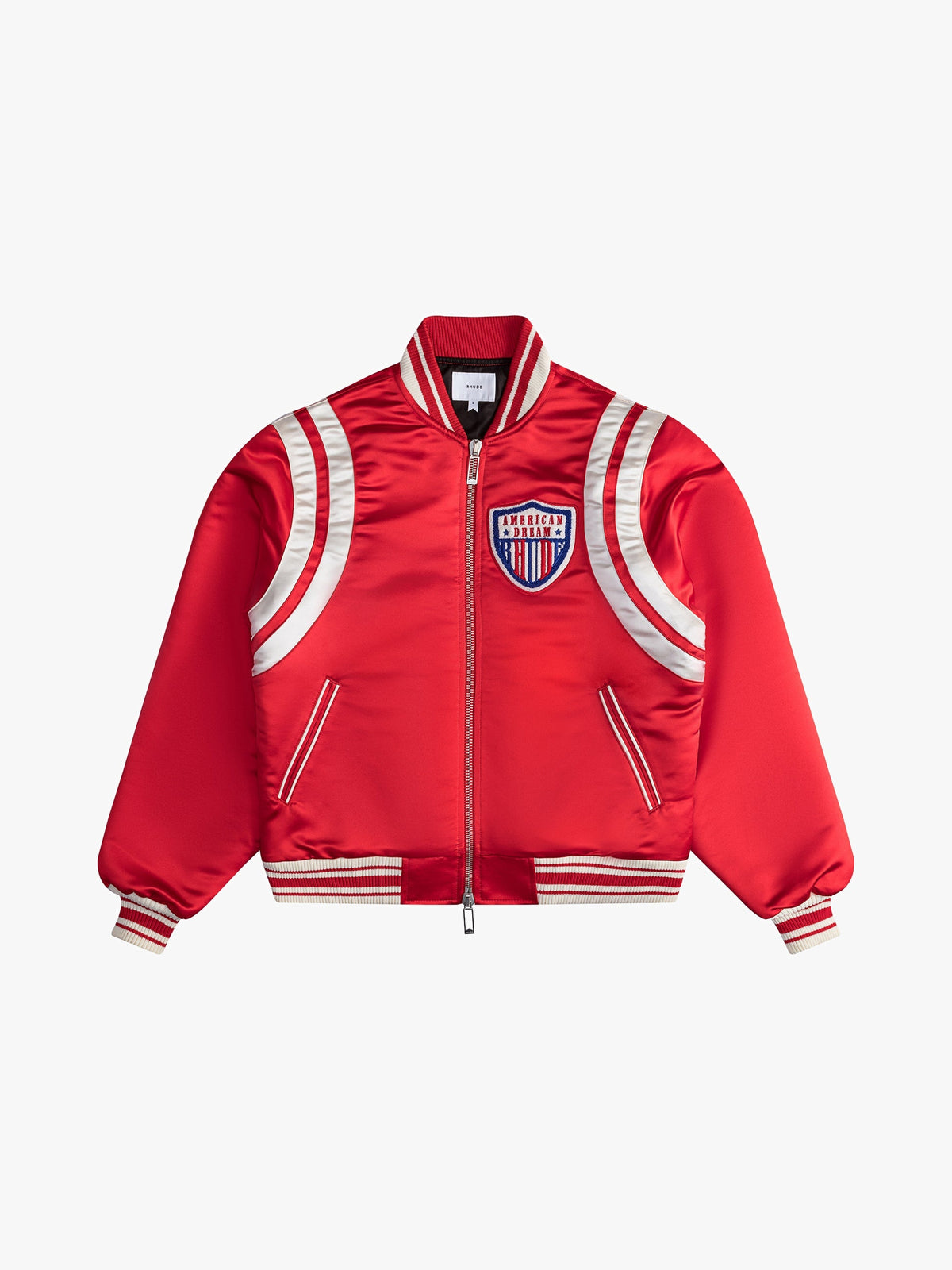 RHUDE MEN'S RED SATIN VARSITY JACKET