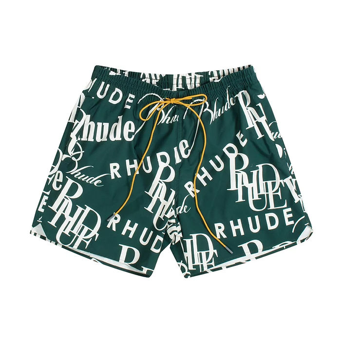 RHUDE MEN'S GREEN LOGO PRINT SWIM TRUNKS
