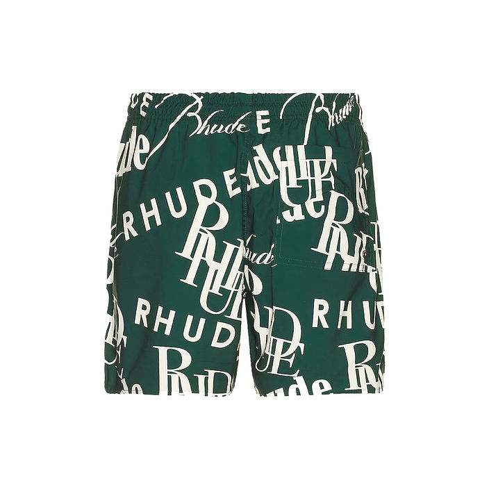 RHUDE MEN'S GREEN LOGO PRINT SWIM TRUNKS
