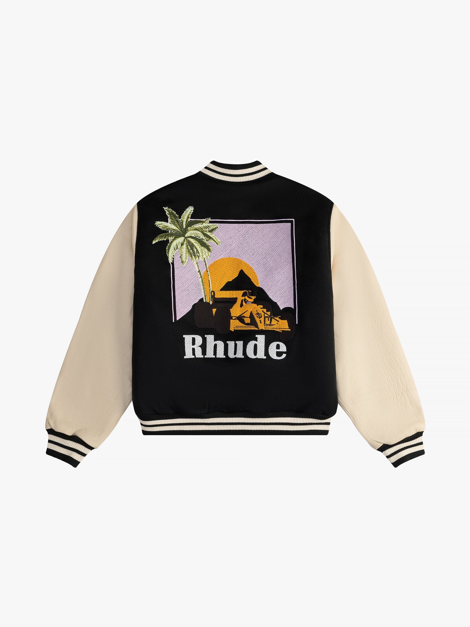 RHUDE MEN'S GP VARSITY JACKET BLACK/CREAM NWT