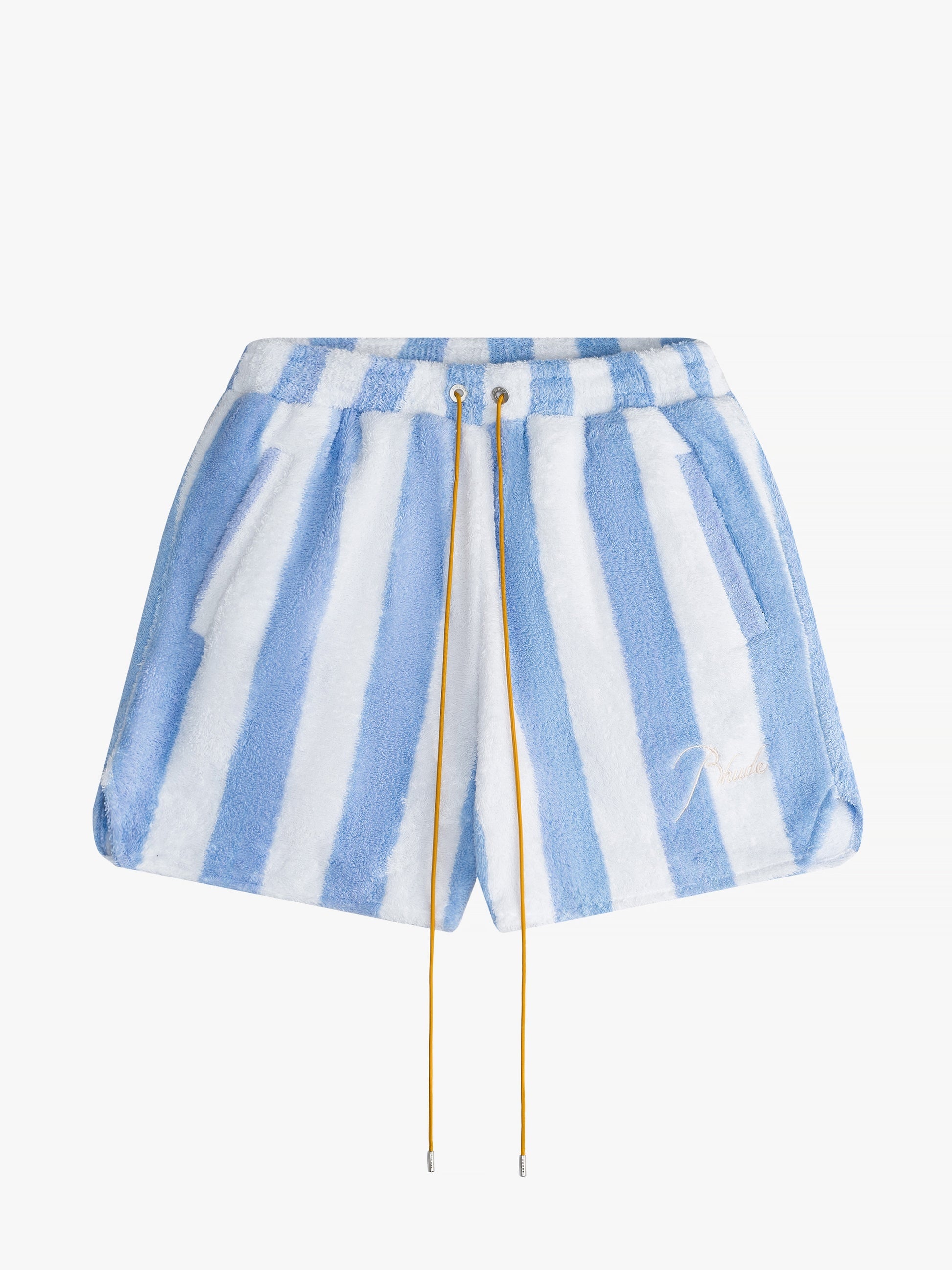 RHUDE MEN'S STRIPED LOOP TERRY SHORT WHITE/LIGHT BLUE NWT