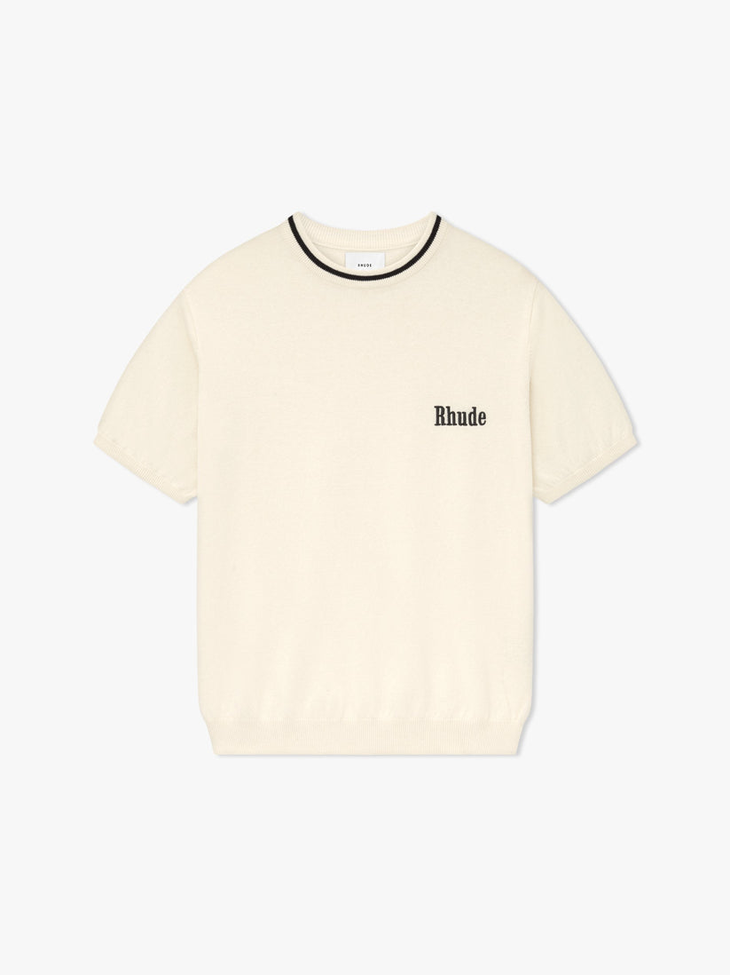 RHUDE MEN'S LOGO KNIT TEE BLACK/IVORY NWT